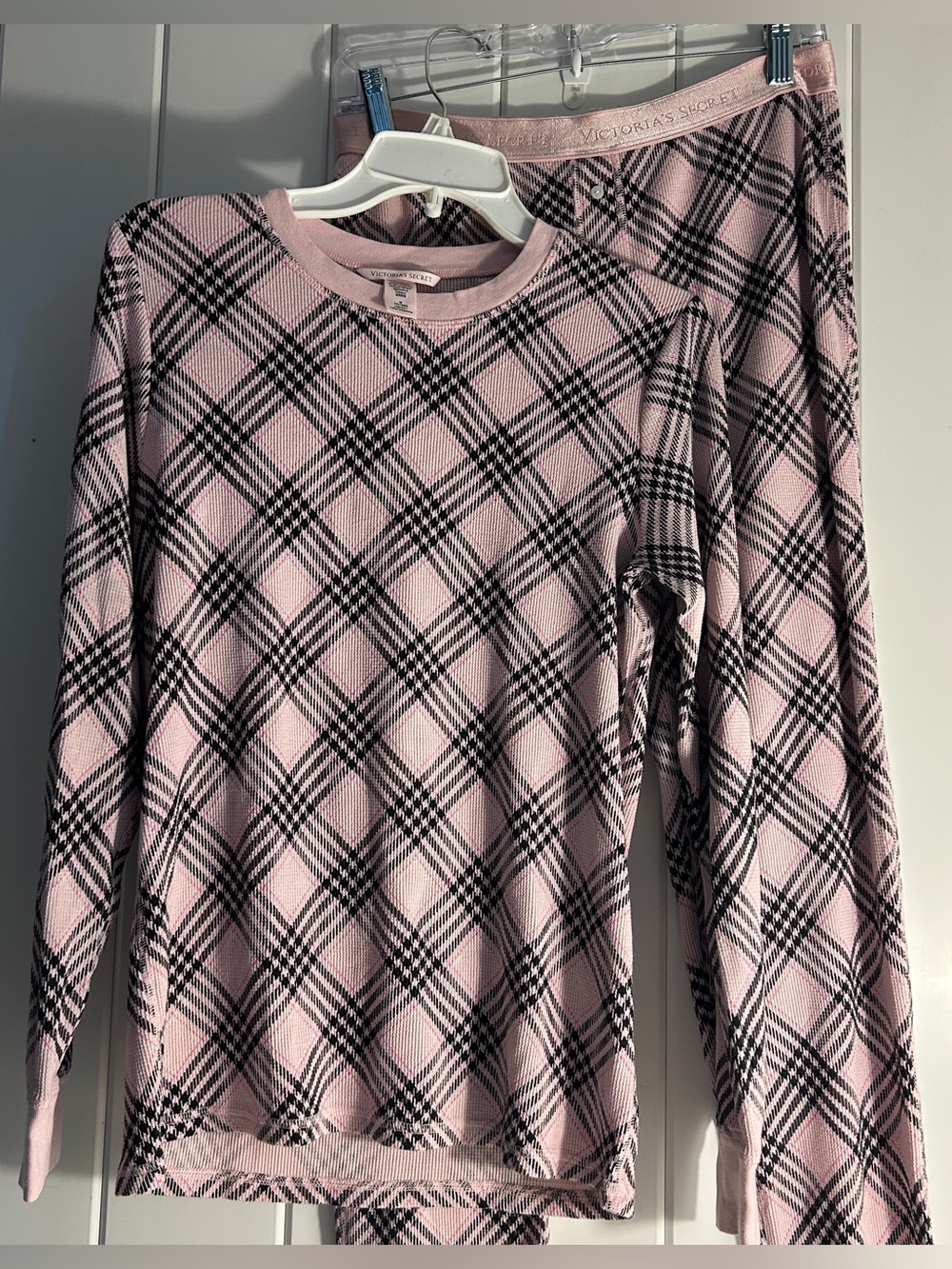Victoria's Secret Pink Plaid Thermal Pajama Set Size Medium M Waffle Knit 2 Pc